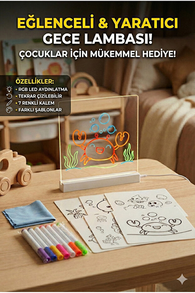 ✨ LED Işıklı Boyama Tahtası 🎨 Çocuklar İçin Eğitici Çizim ve Yazı Tahtası 🌈