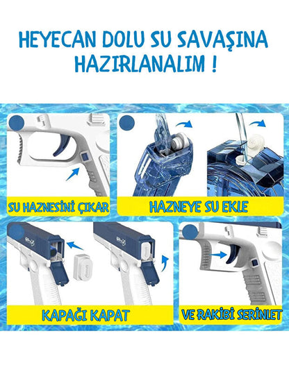 🔫💦 Elektrikli Otomatik Su Tabancası – Şarjlı, Çift Su Hazneli, 10 Metre Menzilli Güçlü Su Tabancası 🌊⚡