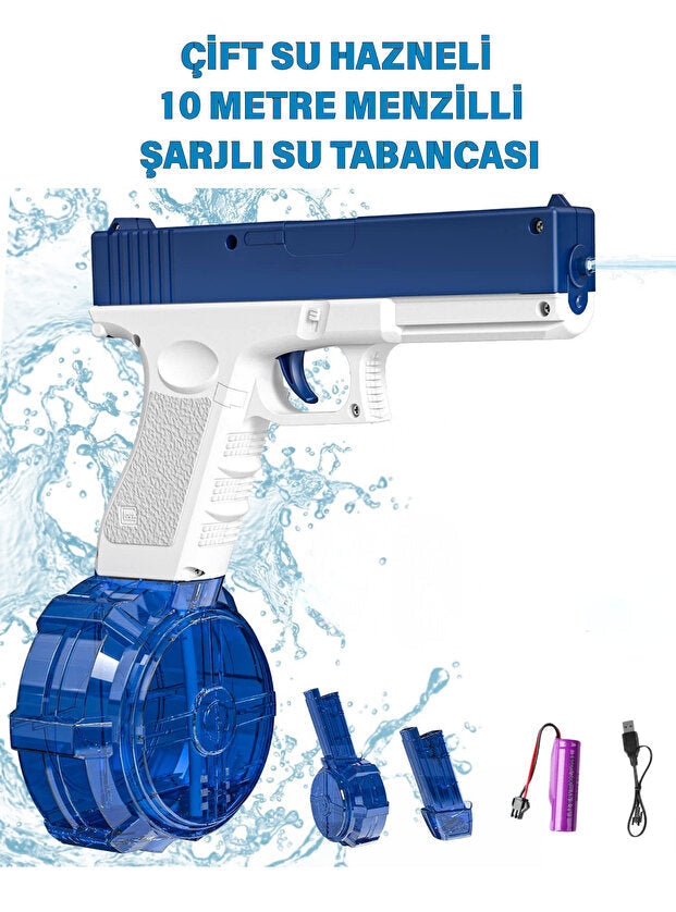 🔫💦 Elektrikli Otomatik Su Tabancası – Şarjlı, Çift Su Hazneli, 10 Metre Menzilli Güçlü Su Tabancası 🌊⚡