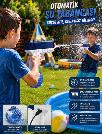 🔫💦 Elektrikli Otomatik Su Tabancası – Şarjlı, Çift Su Hazneli, 10 Metre Menzilli Güçlü Su Tabancası 🌊⚡