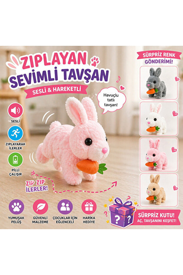 🐰 Zıplayan Sevimli Tavşan – Sesli & Hareketli Peluş Oyuncak