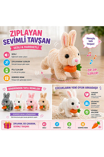 🐰 Zıplayan Sevimli Tavşan – Sesli & Hareketli Peluş Oyuncak