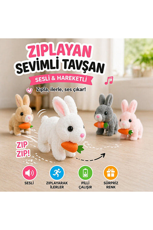 🐰 Zıplayan Sevimli Tavşan – Sesli & Hareketli Peluş Oyuncak
