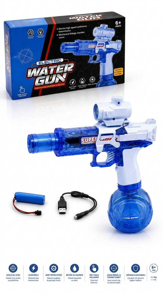 🔫 Elektrikli Otomatik Su Tabancası – Şarjlı Güçlü Su Fırlatma Oyuncağı 💦⚡